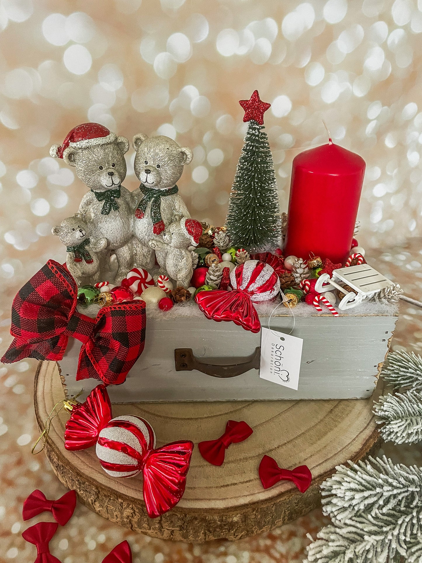 Süsse Teddy Familie in Klassischen Weinachtsfarben Schublade Tischdekor
